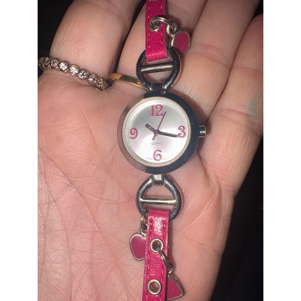Womens Pink Heart Charm Watch Japan Quartz Movement Y2K Style A126-05